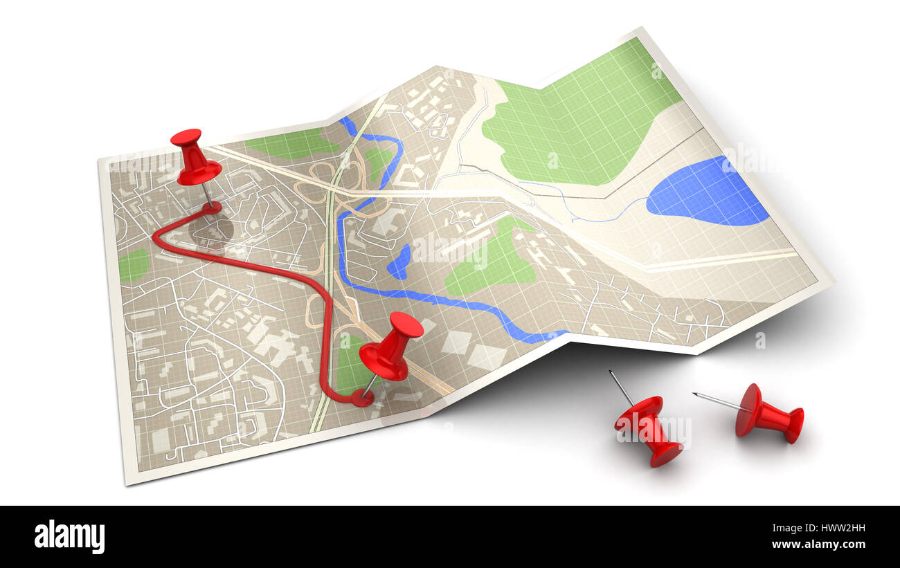 3D Darstellung der Karte und PIN - Routenplanung-Konzept Stockfoto