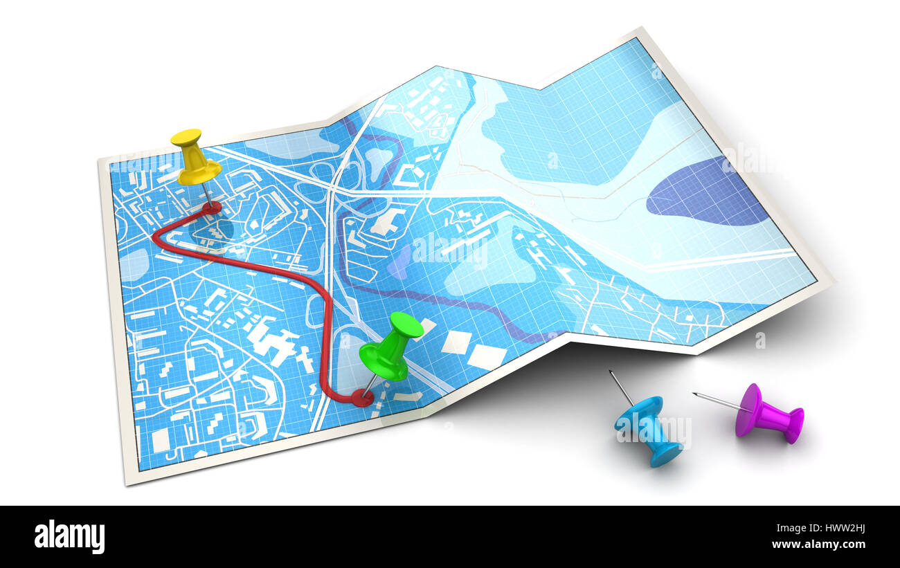 3D Darstellung der Karte und bunte Stifte - route Planung Konzept oder das Symbol Stockfoto