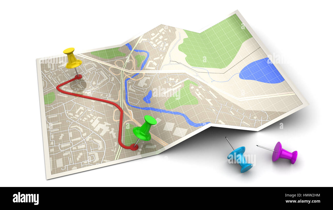 3D Darstellung der Karte und Route, Navigationskonzept oder Symbol Stockfoto