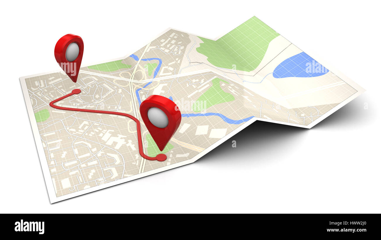 3D Darstellung der Stadtplan mit Route auf weißem Hintergrund Stockfoto