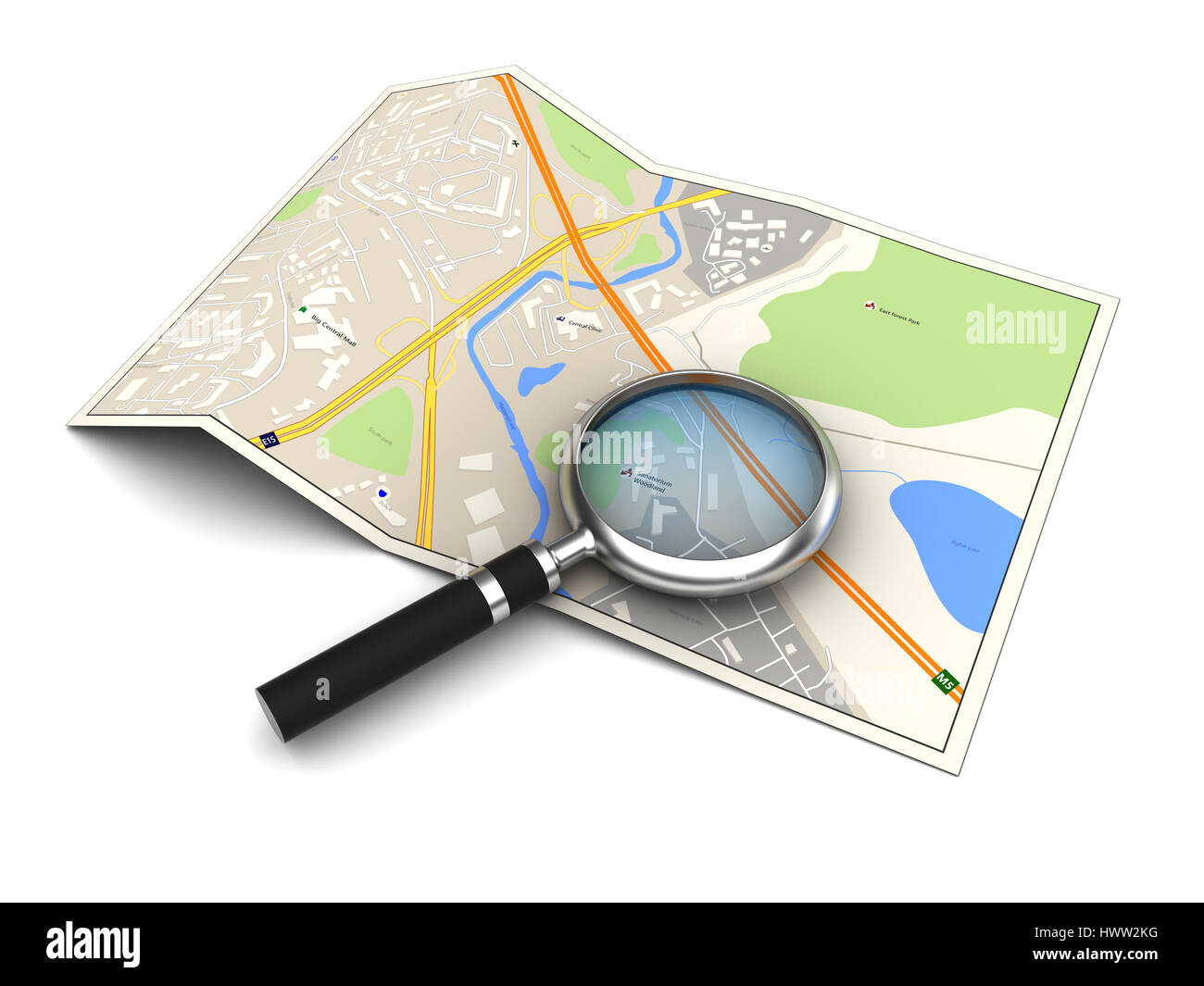 3D Darstellung der Stadtplan und Lupe Stockfoto