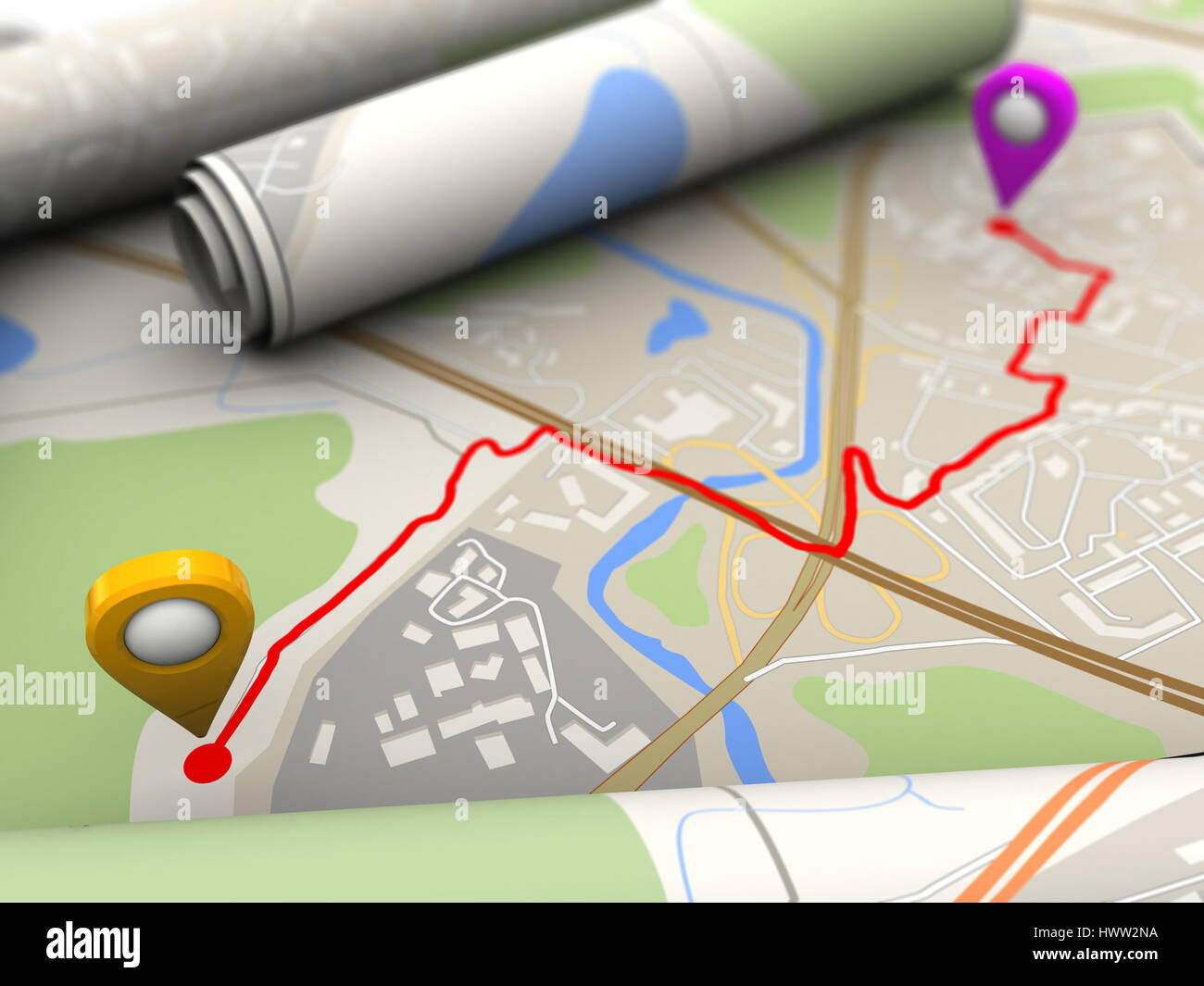 3D Darstellung der Karte Closeup mit rote route Stockfoto