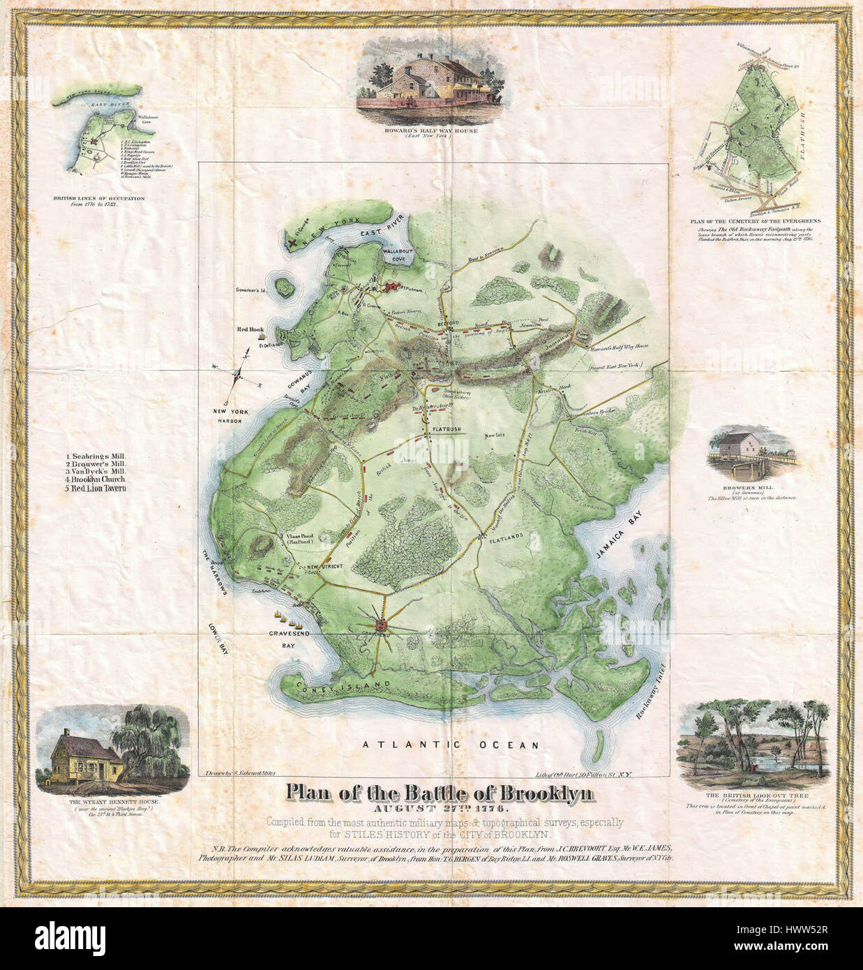 Die 1867er Stiles Map of Brooklyn bietet eine detaillierte geografische Ansicht von Brooklyn, New York, die das Layout der Straßen, Viertel und bemerkenswerte Merkmale der Stadt während dieser Zeit hervorhebt und als historische Referenz für die städtische Entwicklung im 19. Jahrhundert diente. Stockfoto