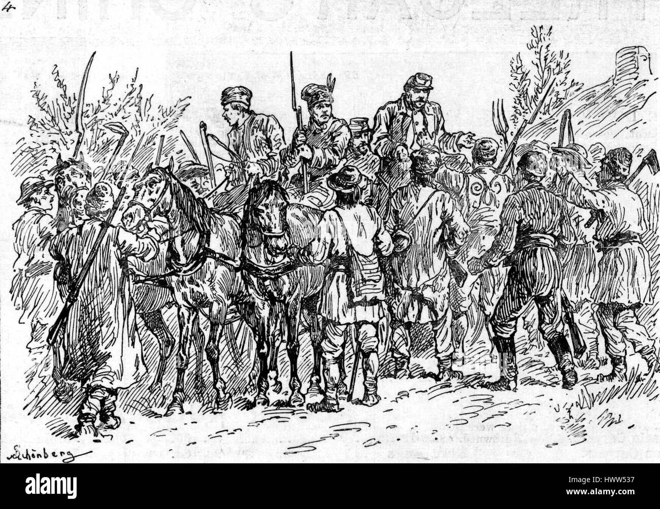 Die Unruhen in Rumänien 1888 wurden durch die weitverbreiteten Bauernunruhen angeheizt. Das Bild zeigt Bauern, die Offiziere umgeben, um die Unruhen zu unterdrücken, und spiegelt die sozialen Spannungen der Zeit während der rumänischen Agrarreform wider. Stockfoto