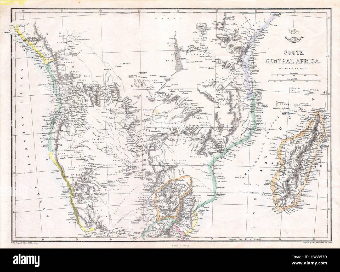 Die Dispatch Weller Map von Südafrika 1868 bietet einen historischen Überblick über die geografischen Besonderheiten des südlichen Afrika, einschließlich Angola, Botswana und Tansania. Die Karte ist wichtig für das Verständnis der Erkundung und der kolonialen Geographie des 19. Jahrhunderts. Stockfoto