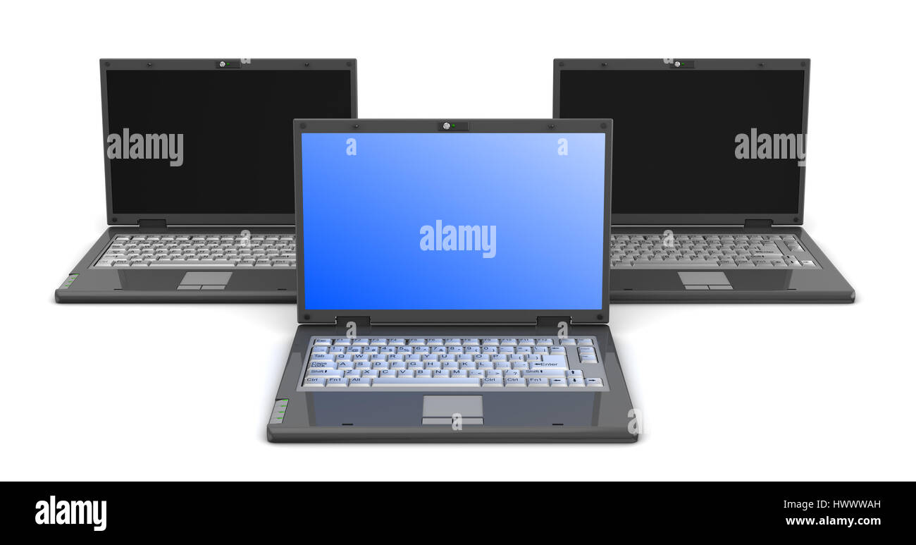 3D Darstellung der drei Laptops auf weißem Hintergrund Stockfoto