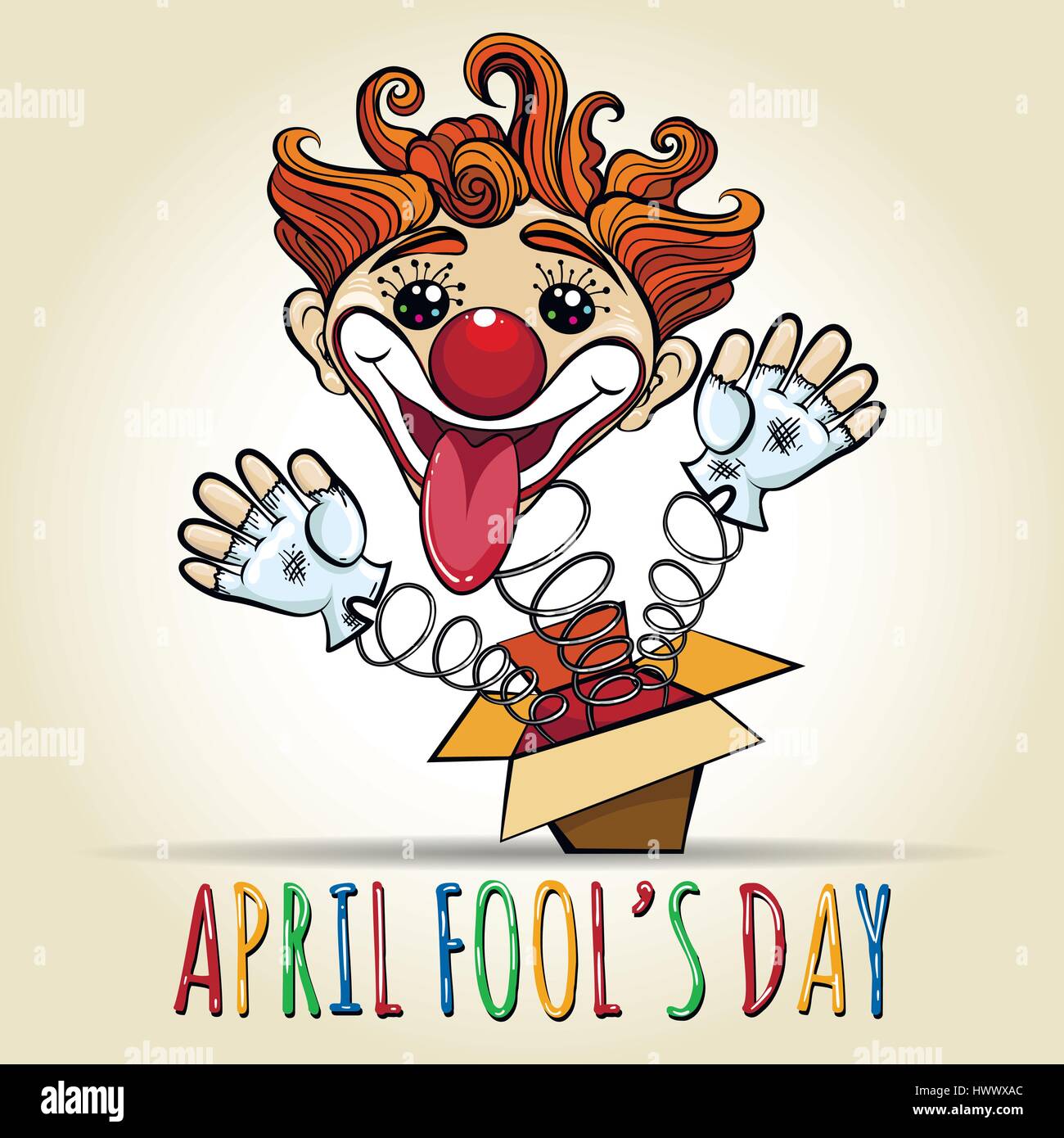 Glücklich April Dummkopfs Tages Illustration. Spielzeug-Clown sprang aus einer Box. Vektor-Illustration im Cartoon-Stil. Stock Vektor