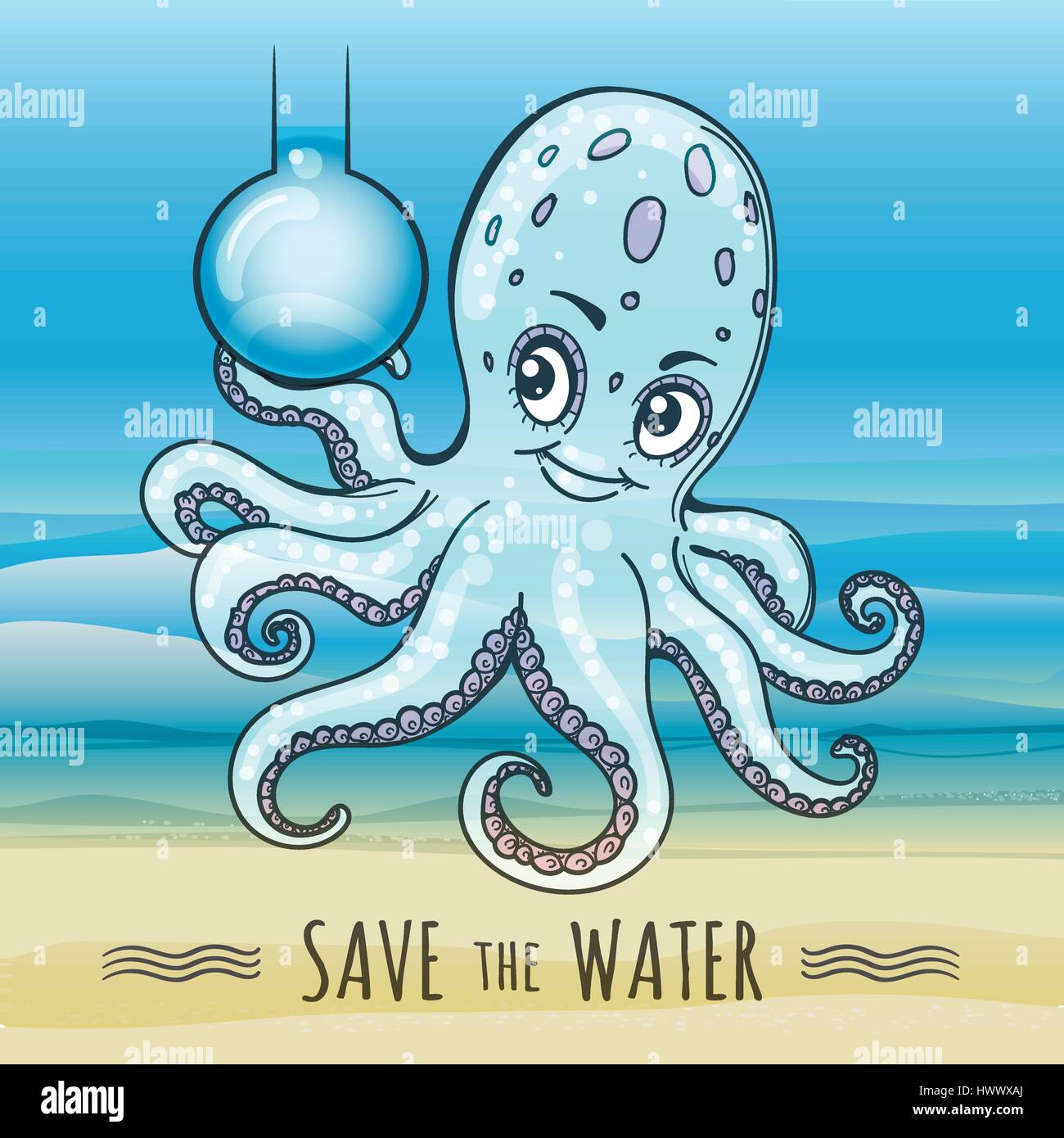 Speichern Sie das Wasser-Poster im Cartoon-Stil. Lustige Kraken halten Flasche mit frischem Wasser. Vektor-Illustration. Stock Vektor