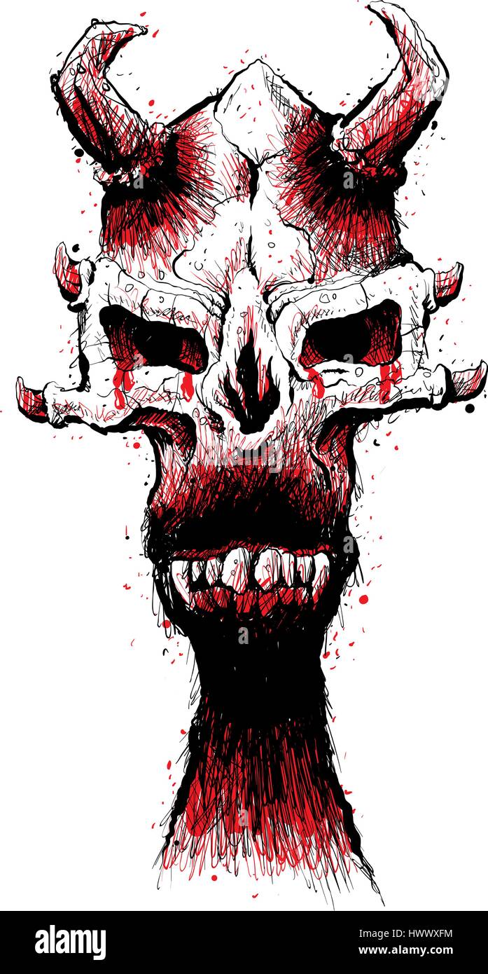 Eine gruselige Illustration einen Dämon-Schädel mit bösen Fangzähnen und beängstigend Hörner. Stock Vektor