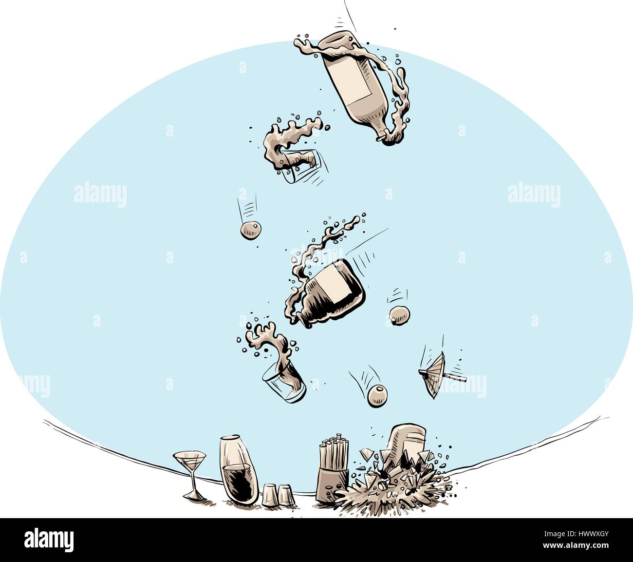 Eine Cartoon-Schlacht zerschmettert wie Flaschen, Getränke und Oliven an die Spitze einer Theke Bar fallen. Stock Vektor