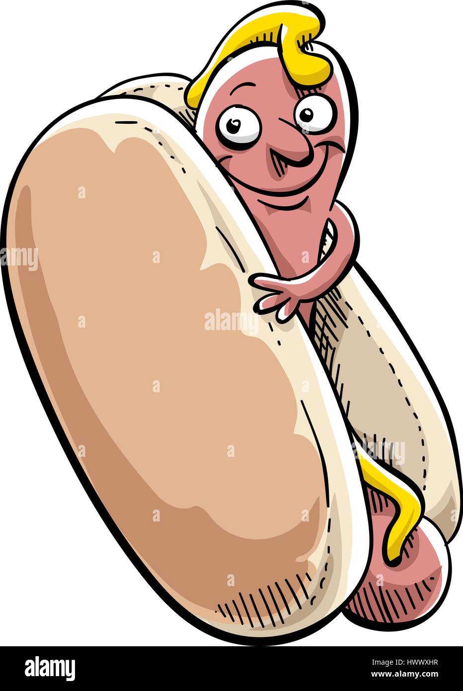 Einen grinsenden Comicfigur Hotdog im Brötchen und mit Senf bedeckt. Stock Vektor