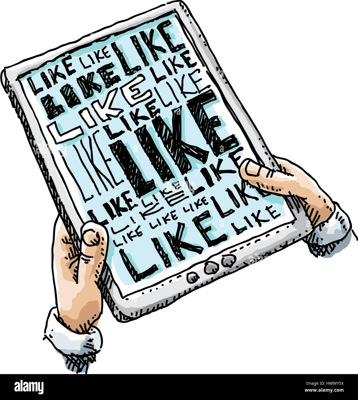 Ein paar Cartoon Hände halten einen Tabletcomputer mit einem Bildschirm mit dem Wort wie gefüllt. Stock Vektor