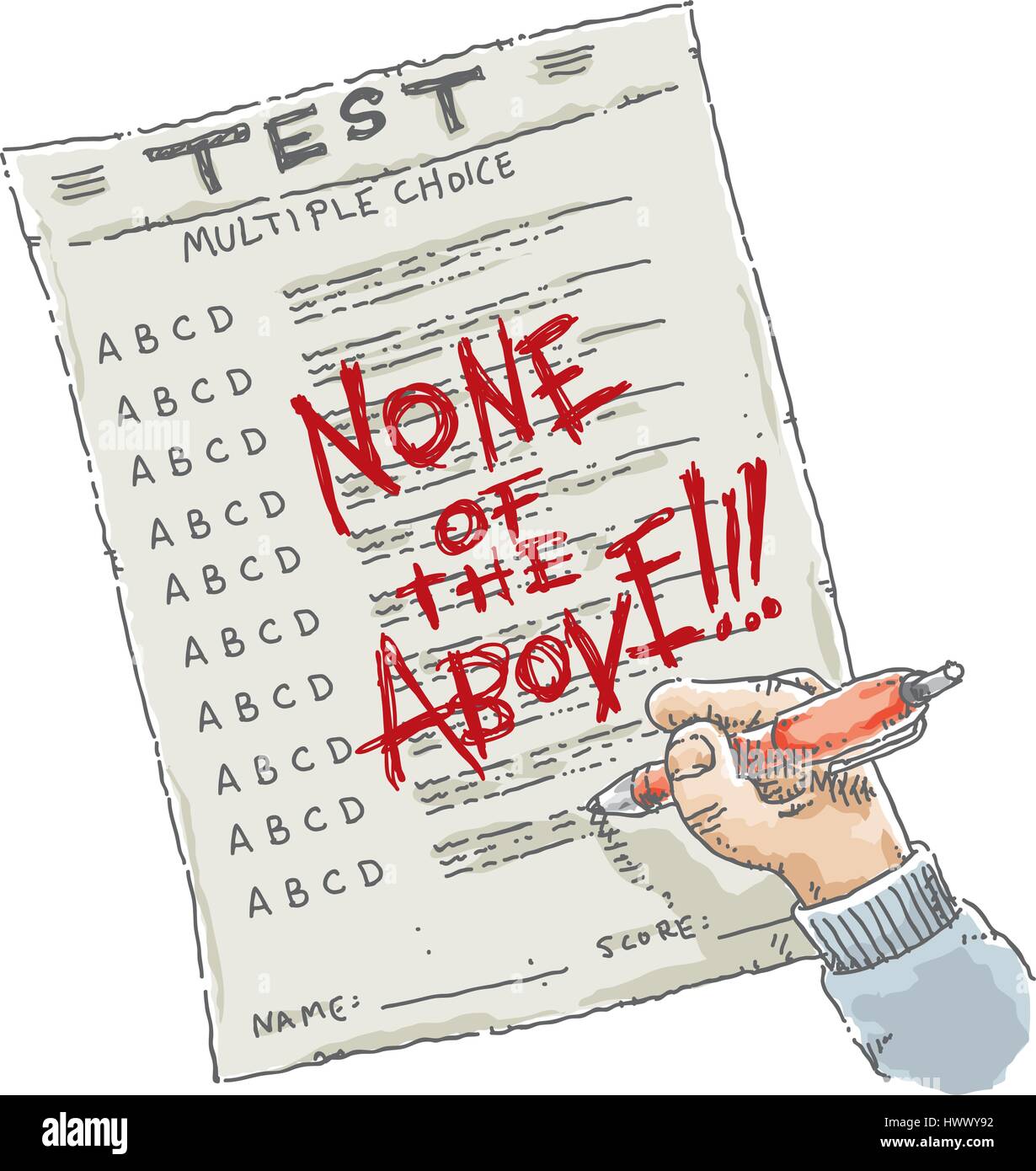 Eine Karikatur von multiple-Choice test auf Papier mit den Worten "keine der oben genannten" mit roter Tinte geschrieben. Stock Vektor