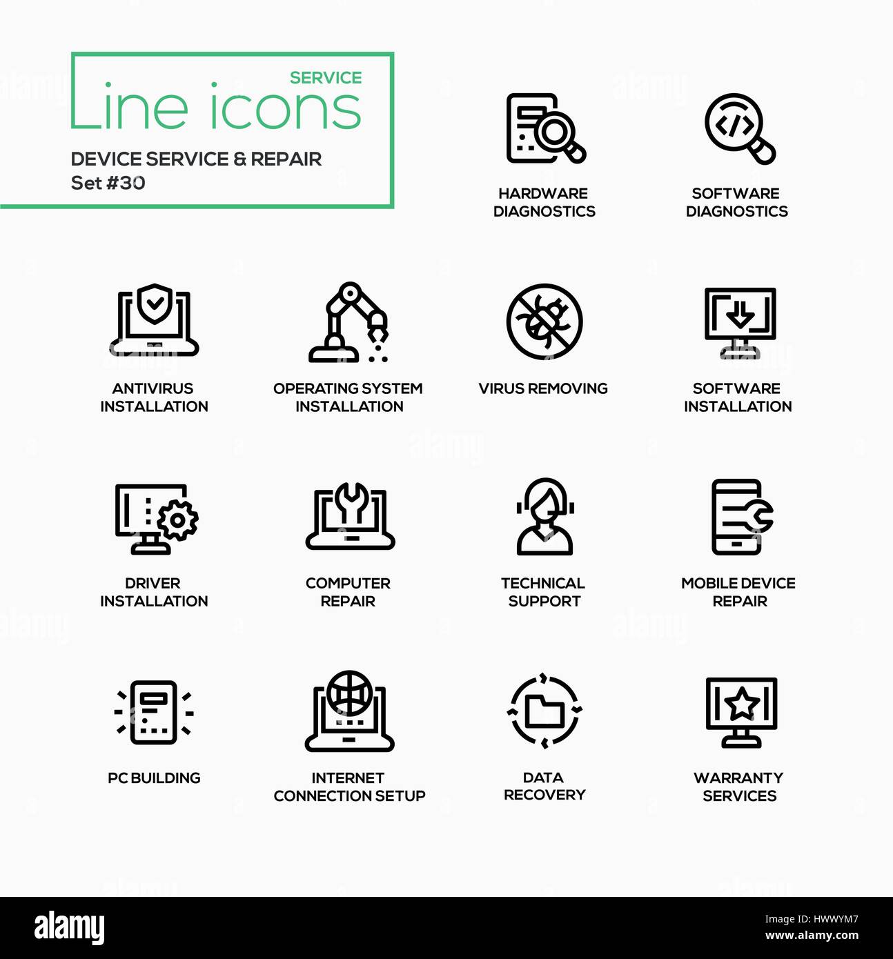 Gerät-Service-Reparatur - set moderne Vektor-Zeile-icons Stock Vektor