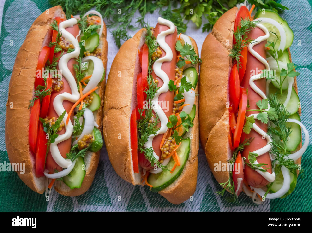 Hot-Dog. Fast-Food. Die Draufsicht. Stockfoto