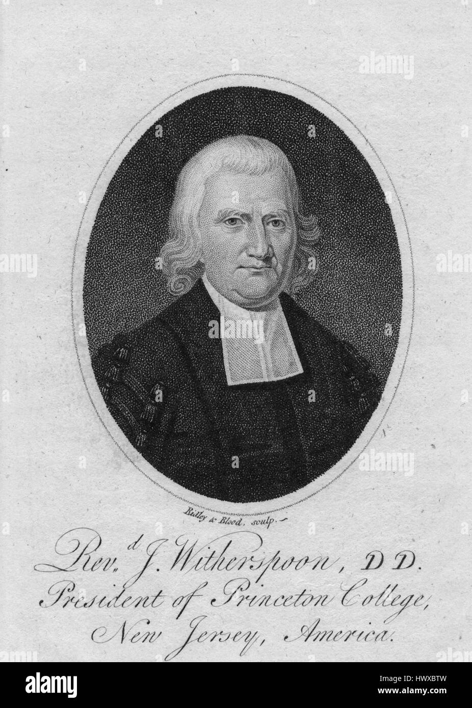 Gravierte Portrait von John Witherspoon, Minister und Universität Präsident Unterzeichner der Erklärung der Unabhängigkeit, New Jersey, 1808. Von der New York Public Library. Stockfoto