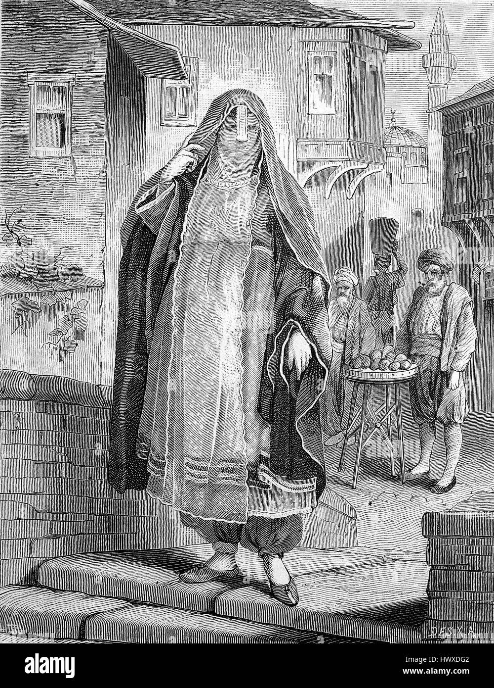 Eine ägyptische Frau trägt ein Kleid zu gehen und einen Niqab, Schleier, verbessert, Ägypten, Reproduktion eines Bildes, Holzschnitt aus dem Jahr 1881, digital Stockfoto