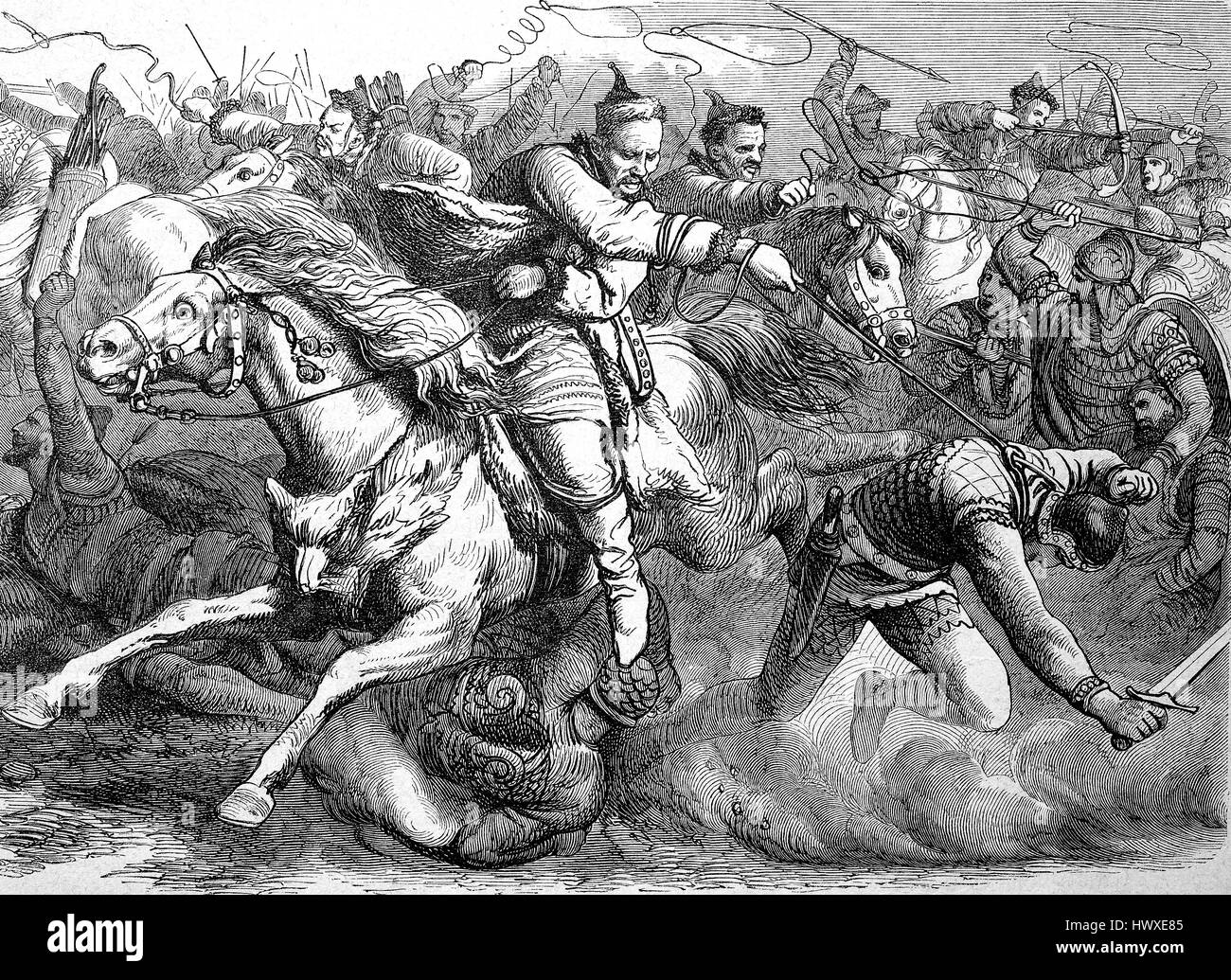 Die Hunnen im Kampf mit den Alanen oder Alani, eine iranische pastorale Nomadenvolk der Antike, Hunnic Invasion im 370, Reproduktion eines Bildes, Holzschnitt aus dem Jahr 1881, Digital verbessert Stockfoto