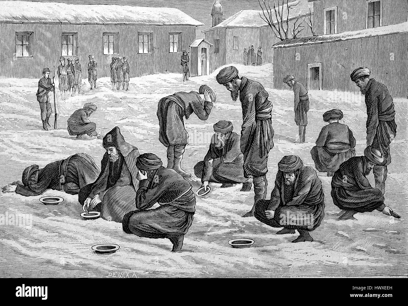 Türkische Gefangenen in Russland führen ihre Waschungen und Gebete in der tief verschneiten Hof, Reproduktion eines Bildes, Holzschnitt aus dem Jahr 1881, Digital verbessert Stockfoto