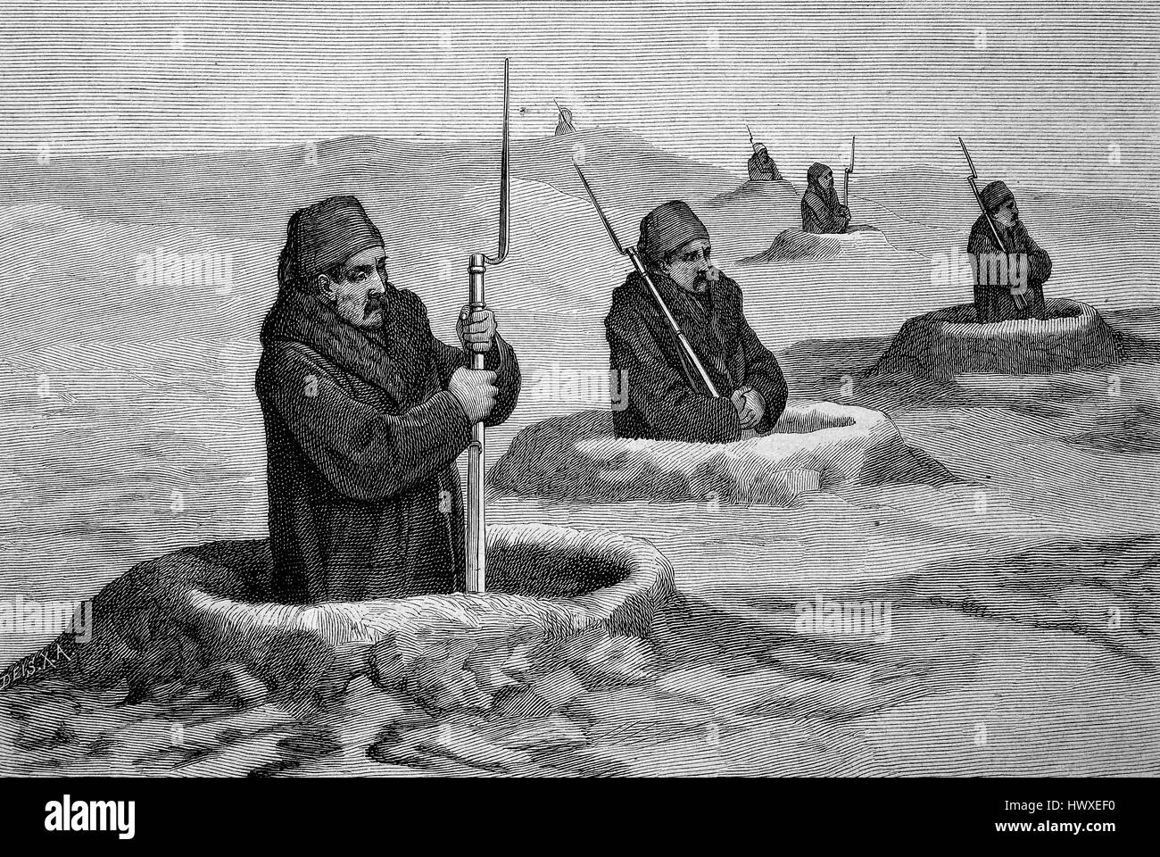 Türkische Außenposten im Krieg, der Russisch-türkischen Krieg von 1877-1878, Reproduktion eines Bildes, Holzschnitt aus dem Jahr 1881, digital verbessert Stockfoto