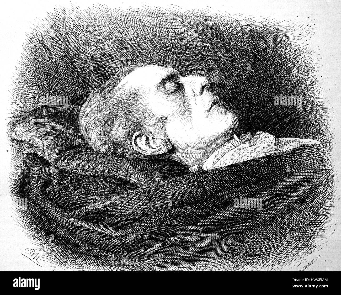 David Friedrich Strauss auf dem Sterbebett, 27. Januar 1808 in Ludwigsburg - 8. Februar 1874, war ein deutscher Schriftsteller, Philosoph und Theologe, Deutschland, Reproduktion eines Bildes, Holzschnitt aus dem Jahr 1881, digital verbessert Stockfoto