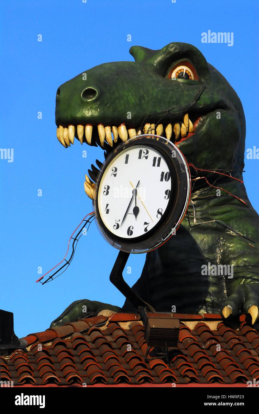Zeit, die vergeht, ein Trex isst eine Uhr Stockfoto