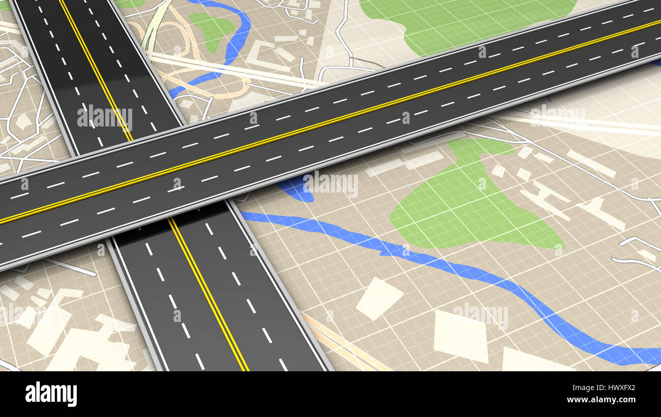 3D Darstellung der Straßen überqueren Kartenhintergrund Stockfoto