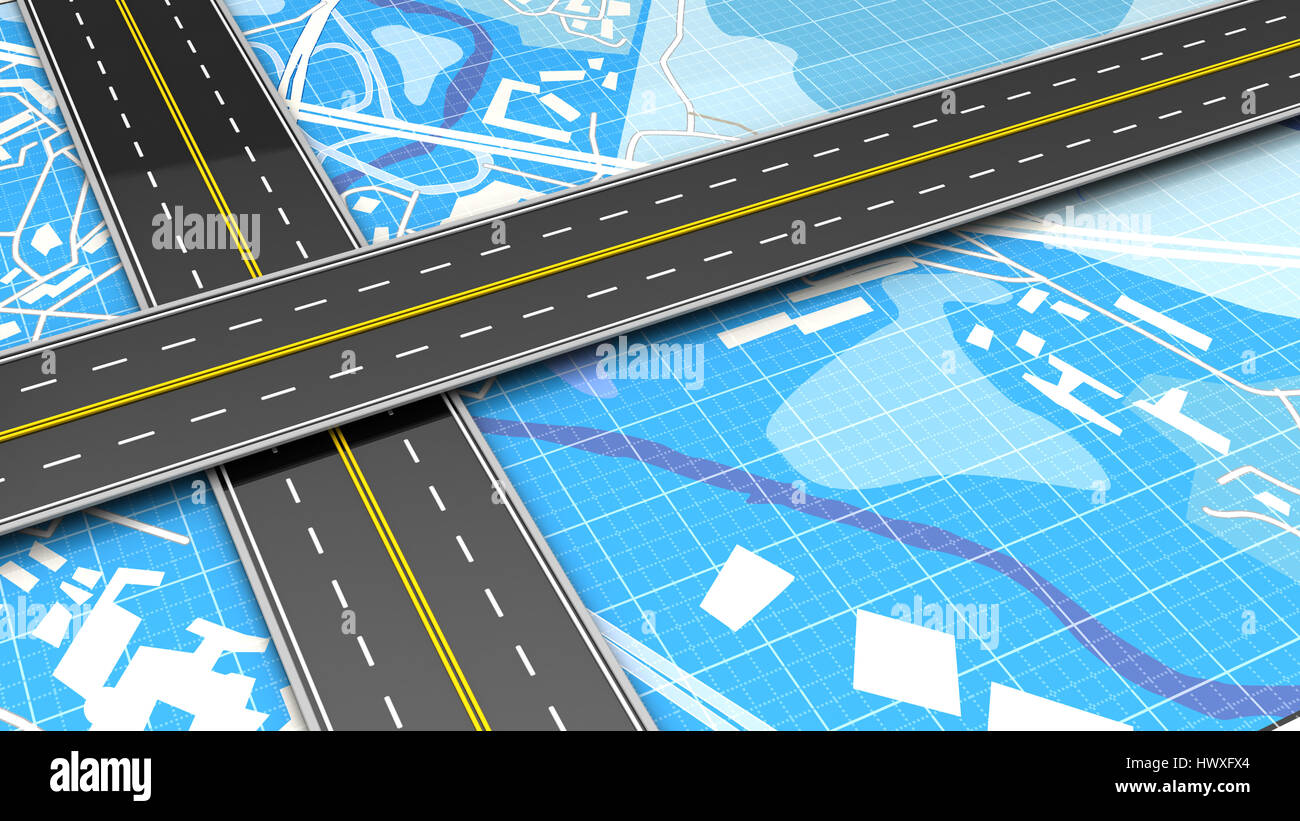3D Darstellung der gekreuzten Straßen über blue-Map-Hintergrund Stockfoto