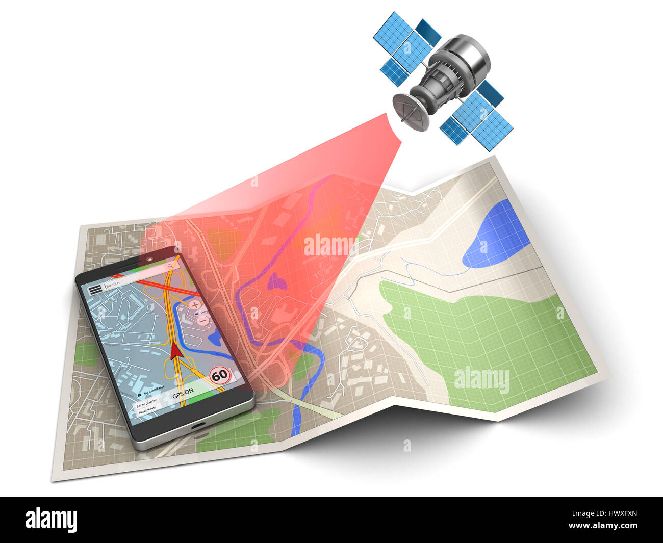 3D Darstellung von Handy und Satellit, über Kartenhintergrund Stockfoto