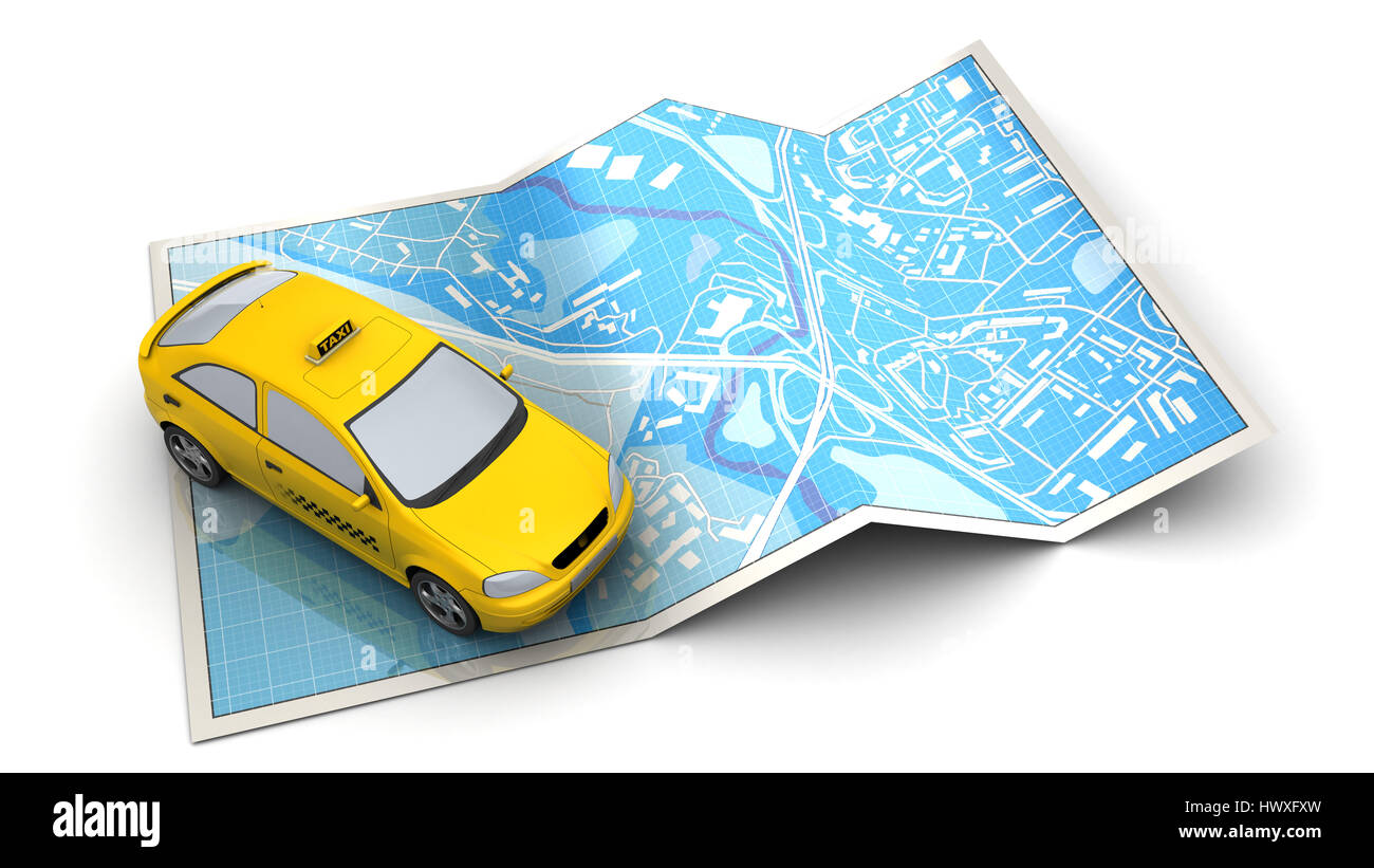 3D Darstellung der Stadt Karte und Taxi Fahrzeug auf weißem Hintergrund Stockfoto