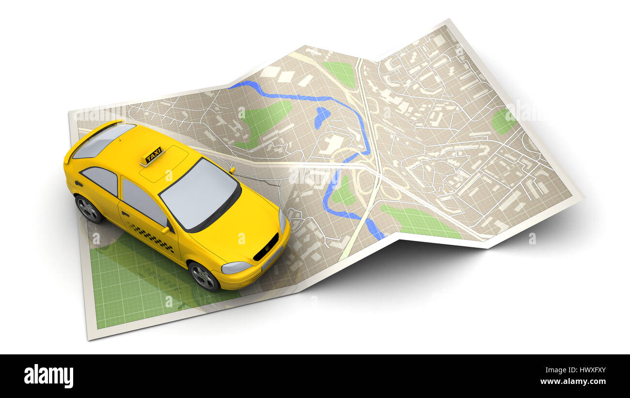 3D Abbildung des Taxi Fahrzeug und Karte, über weißem Hintergrund Stockfoto
