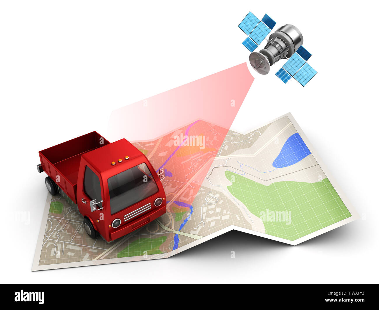 3D Abbildung des Sat-Fracht oder LKW-Tracking-Konzept Stockfoto