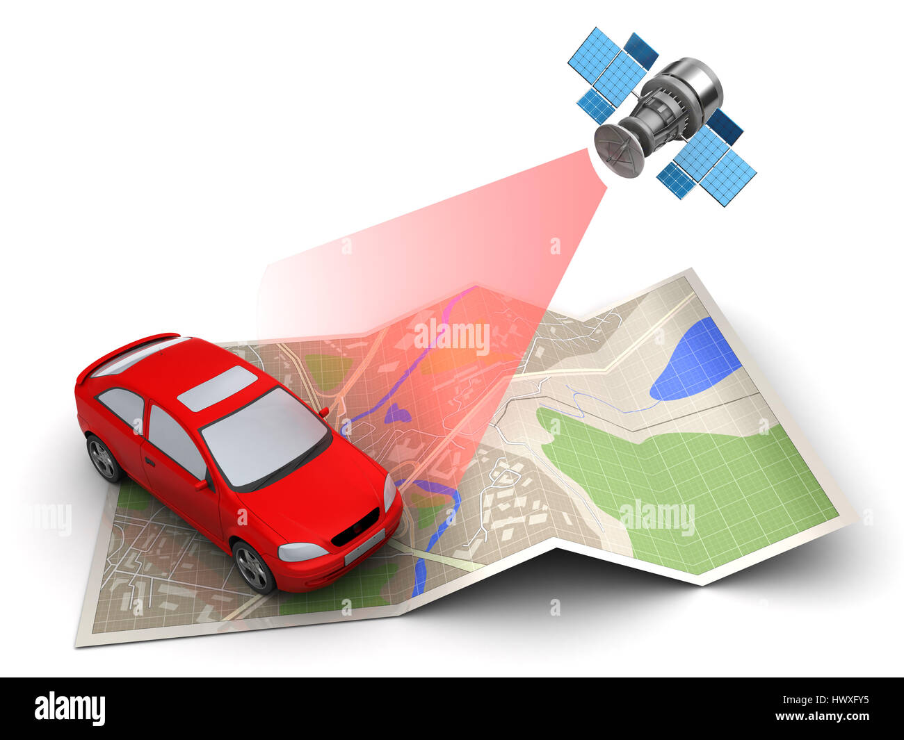3D Abbildung des Auto-Ortung mit Satelliten-navigation Stockfoto