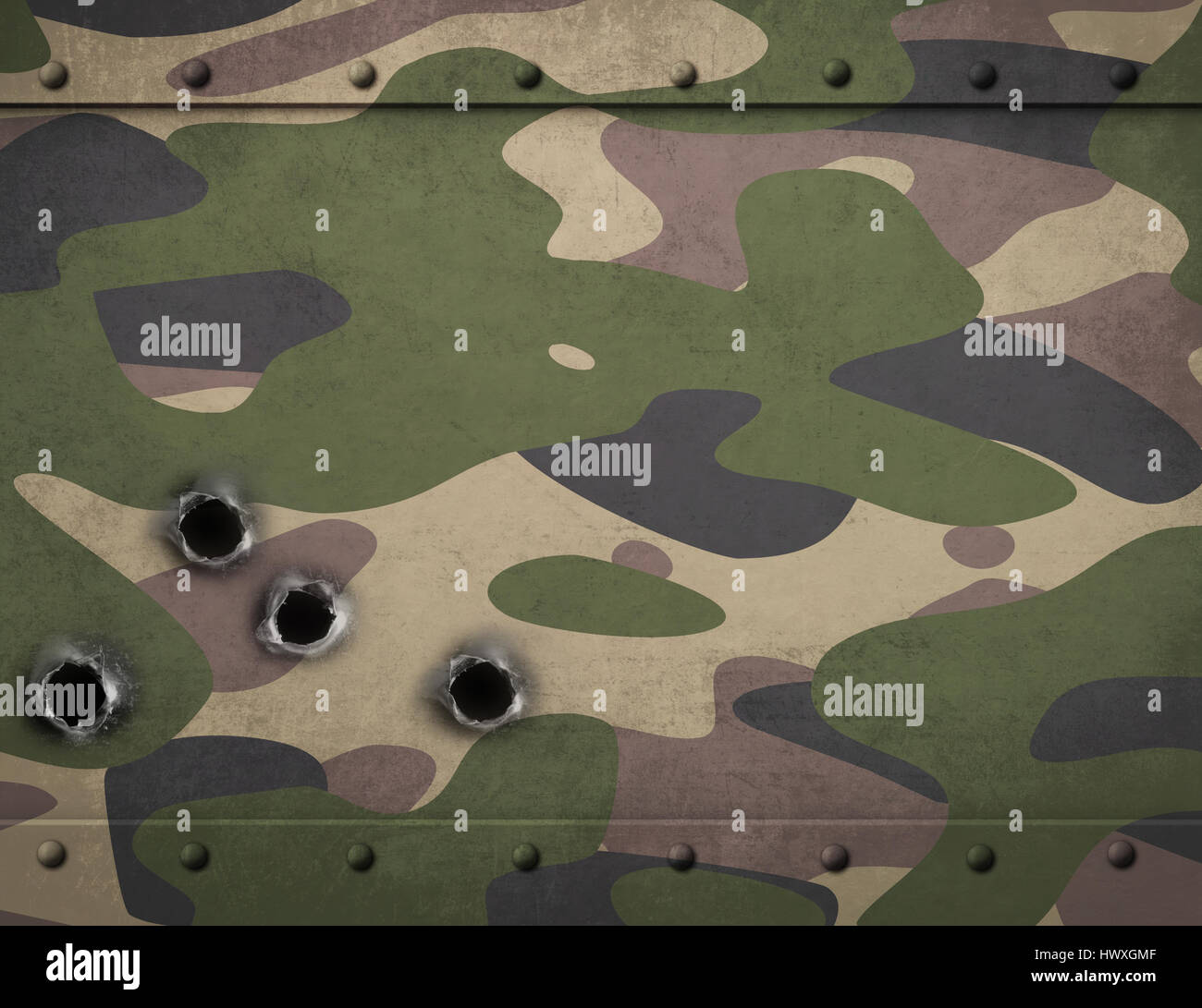 Armee Camouflage Metall Rüstung mit Kugel Löcher 3d illustration Stockfoto