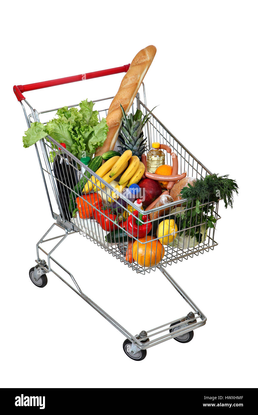 Gefüllten Lebensmittel Warenkorb isoliert auf weißem Hintergrund, kein Körper, keine Menschen, wird der Pfadauswahl gespeichert. Stockfoto