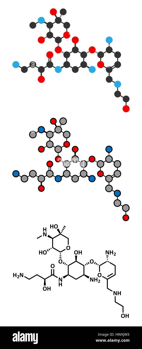 Plazomicin Antibiotika Wirkstoffmolekül (Aminoglykosid-Klasse). Konventionelle Skelettformel und stilisierte Darstellungen. Stock Vektor