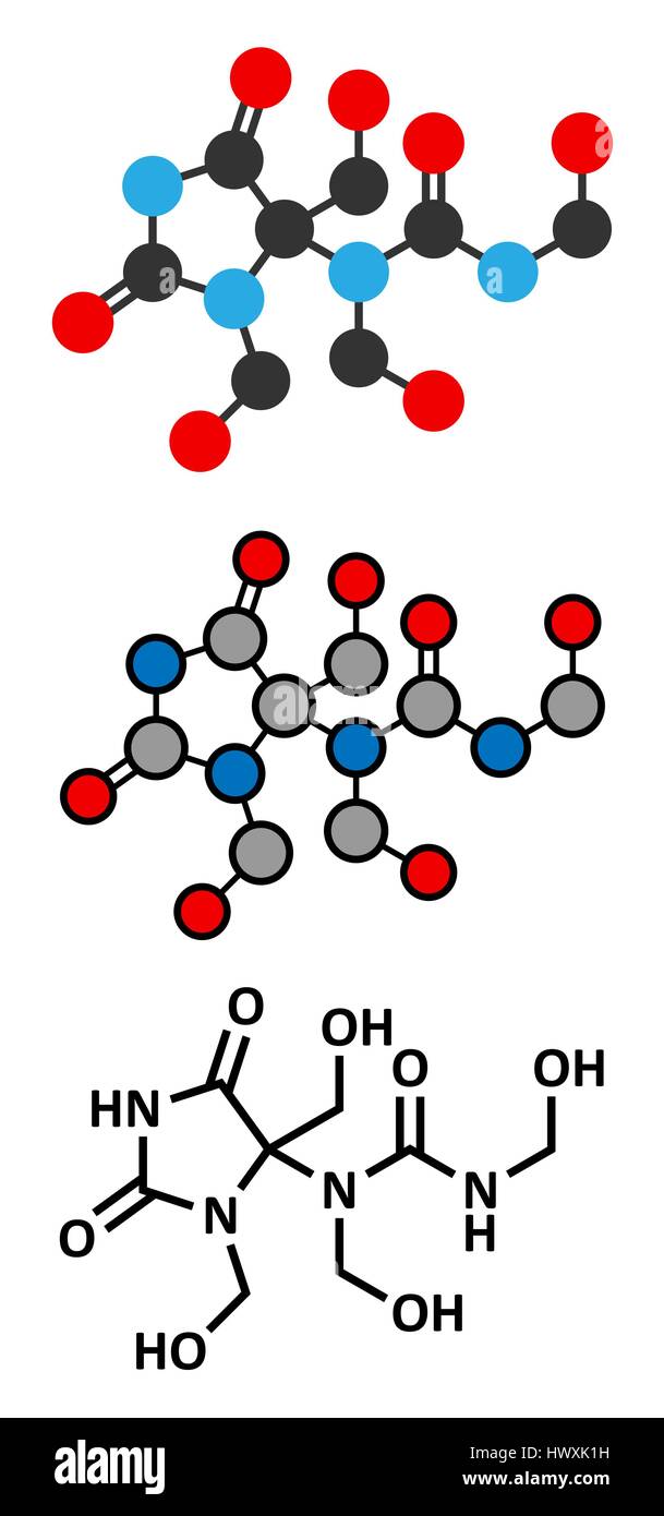 Diazolidinyl Urea antimikrobielle Konservierungsmittel Molekül (Formaldehyd Ausrücker). Stilisierte 2D Renderings und konventionellen Skelettformel. Stock Vektor