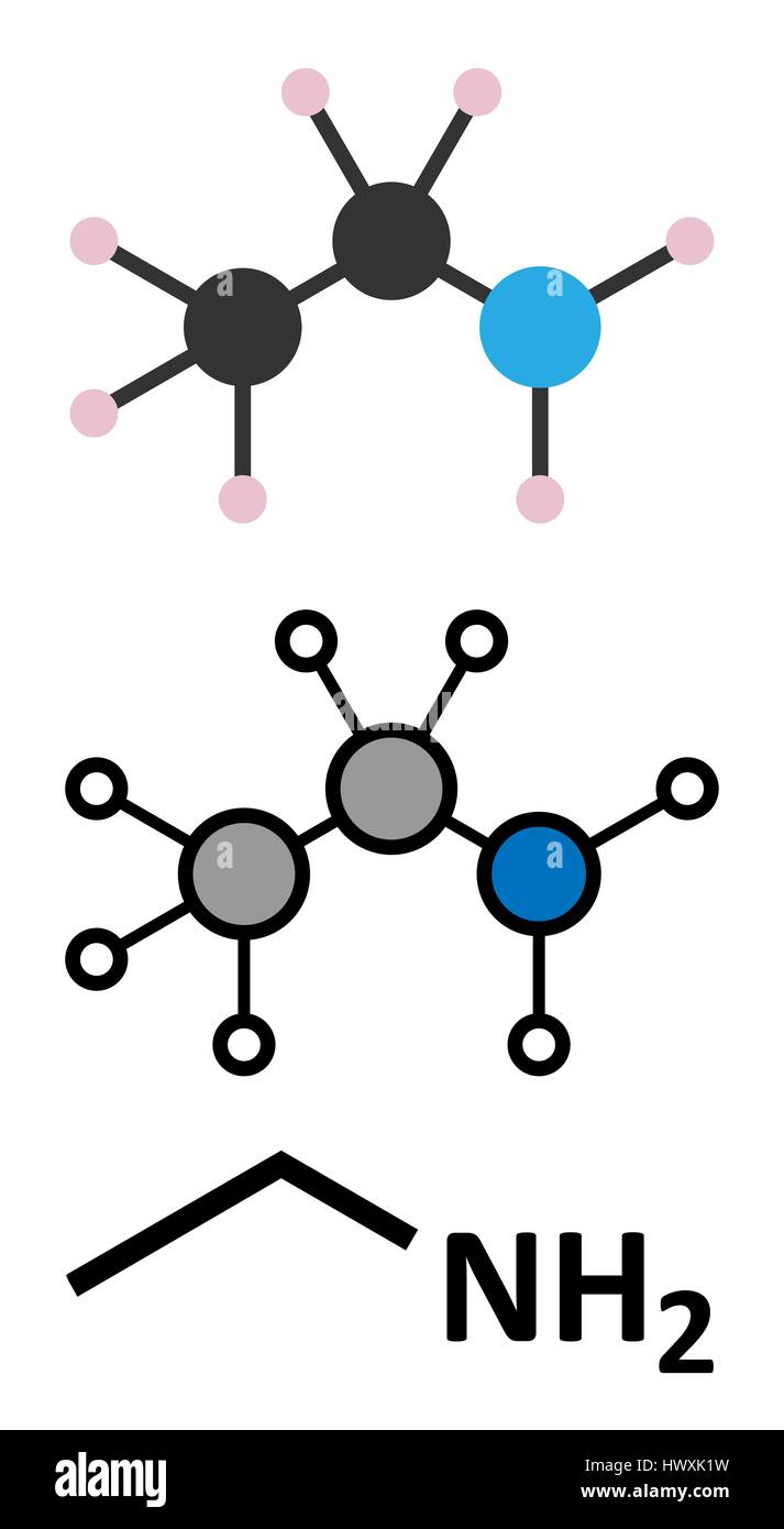 Ethylamine organische base Molekül. Stilisierte 2D Renderings und