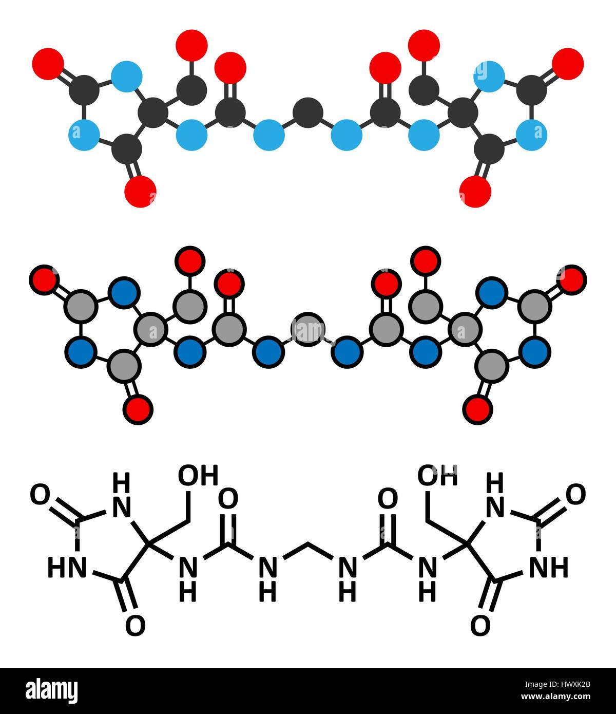 Imidazolidinyl Urea antimikrobielle Konservierungsmittel Molekül (Formaldehyd Ausrücker). Stilisierte 2D Renderings und konventionellen Skelettformel. Stock Vektor