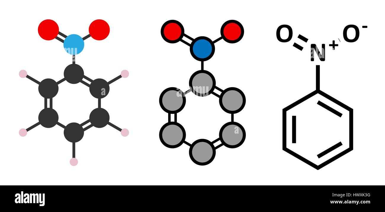 Nitrobenzene Lösungsmittel Molekül. Stilisierte 2D Renderings und konventionellen Skelettformel. Stock Vektor