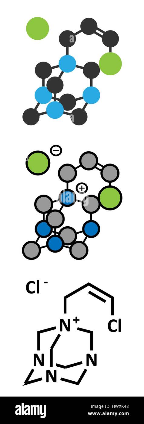 Quaternium-15 Tensid und Konservierungsmittel-Molekül (Formaldehyd Ausrücker). Stilisierte 2D Renderings und konventionellen Skelettformel. Stock Vektor