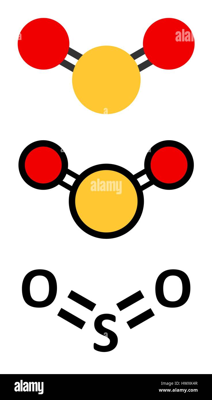Schwefeldioxid-Nahrung Konservierungsmittel Molekül (E220). Auch verwendet in der Weinbereitung und verantwortlich für Sulfite im Wein. Stilisierte 2D Renderings und conventiona Stock Vektor