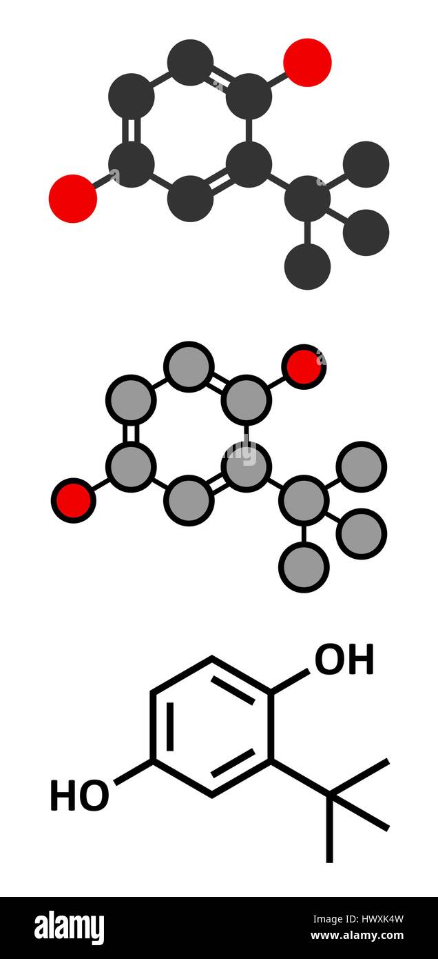 TBHQ (Tert-Butylhydroquinone) Antioxidantien Konservierungsmittel Molekül. Stilisierte 2D Renderings und konventionellen Skelettformel. Stock Vektor