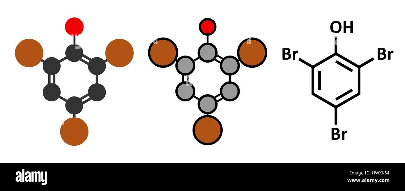 Tribromophenol (TBP, 2,4,6-Tribromophenol)-Molekül. Als Fungizid und Holzschutzmittel verwendet. Stilisierte 2D Renderings und konventionellen Skelettformel Stock Vektor