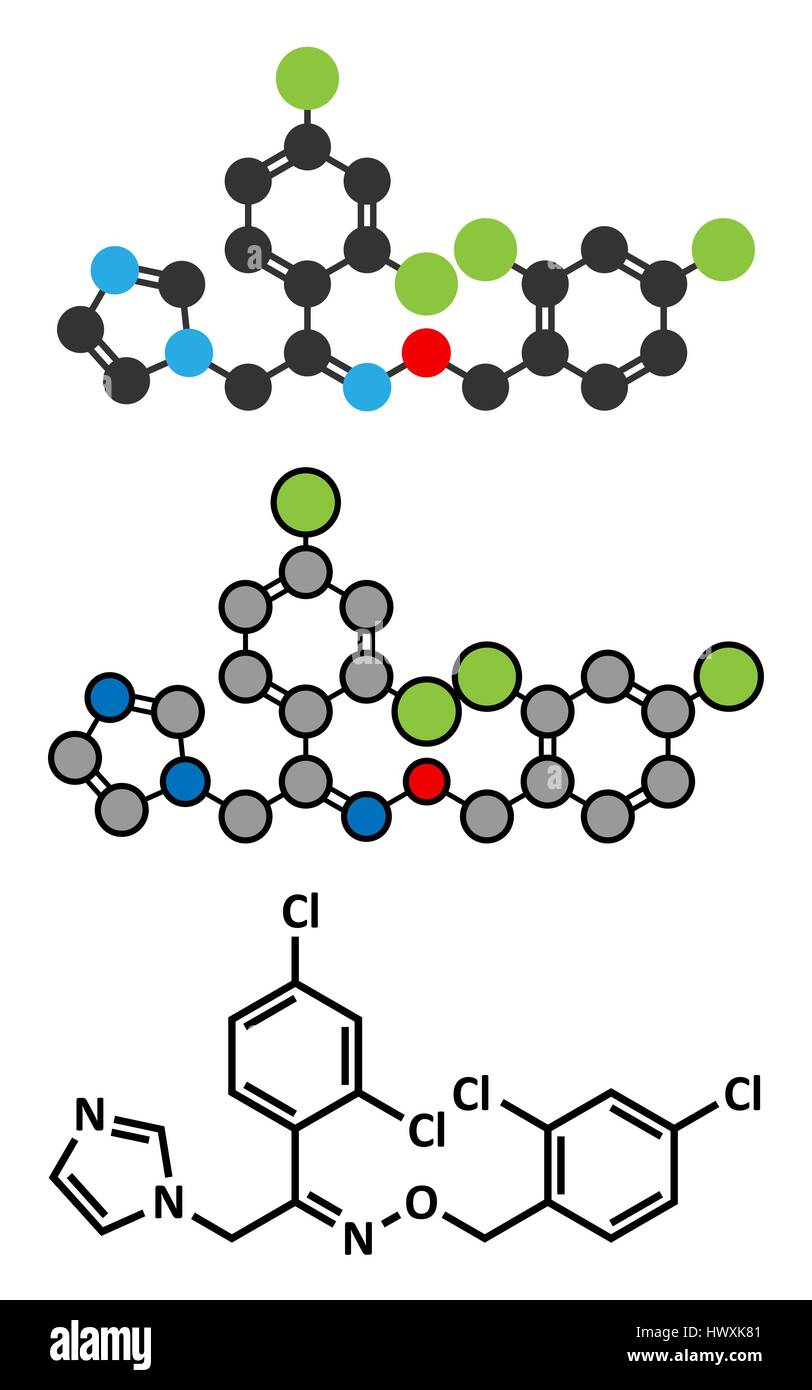 Oxiconazole antimykotische Wirkstoffmolekül. Stilisierte 2D Renderings und konventionellen Skelettformel. Stock Vektor