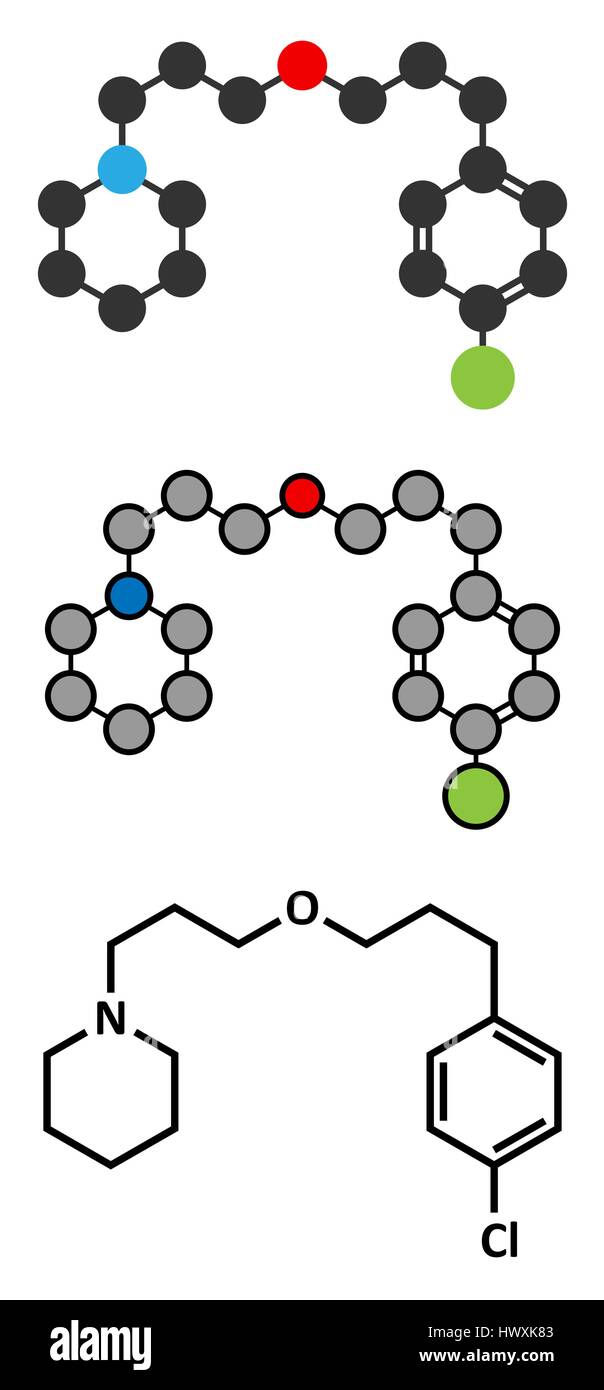 Pitolisant (Tiprolisant) Narkolepsie Wirkstoffmolekül. Stilisierte 2D Renderings und konventionellen Skelettformel. Stock Vektor