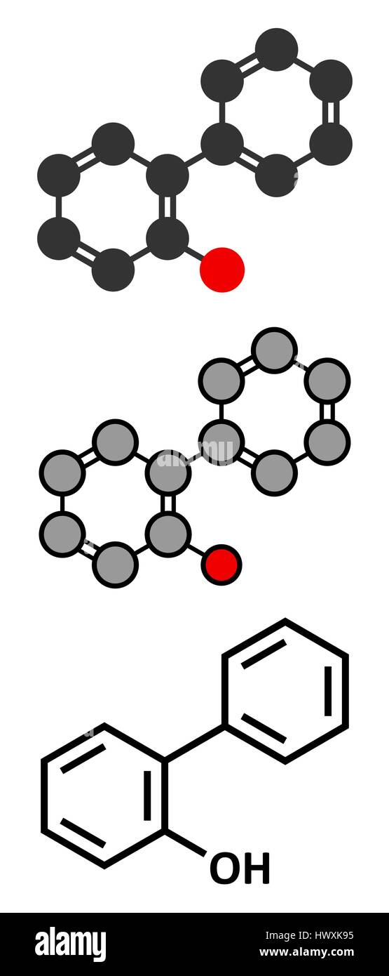 2-Phenylphenol Biozid-Molekül. Häufig verwendete Konservierungsmittel; auch bekannt als Biphenylol und Orthophenyl Phenol. Stilisierte 2D Renderings und konventionellen Stock Vektor