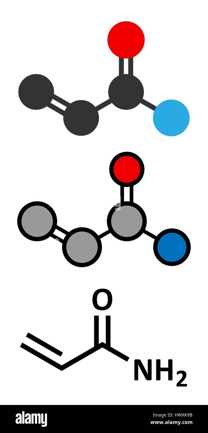 Acrylamid-Molekül, Polyacrylamid building Block und Hitze erzeugte Lebensmittel Schadstoff. Stilisierte 2D Renderings und konventionellen Skelettformel. Stock Vektor