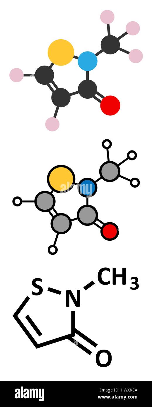 Methylisothiazolinon (MIT, MI) Konservierungsmittel Molekül. Oft verwendet in Wasser-basierte Produkte, z. B. Kosmetika. Stilisierte 2D Renderings und konventionellen ske Stock Vektor