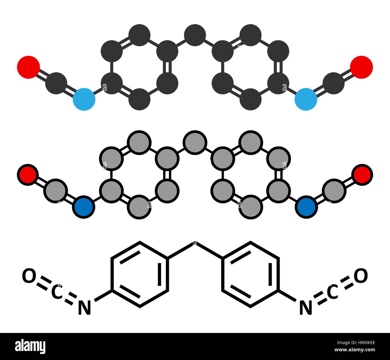 Methylen Diphenyl-Diisocyanat Molekül (MDI), Polyurethan (PU)-Baustein. Stilisierte 2D Renderings und konventionellen Skelettformel. Stock Vektor